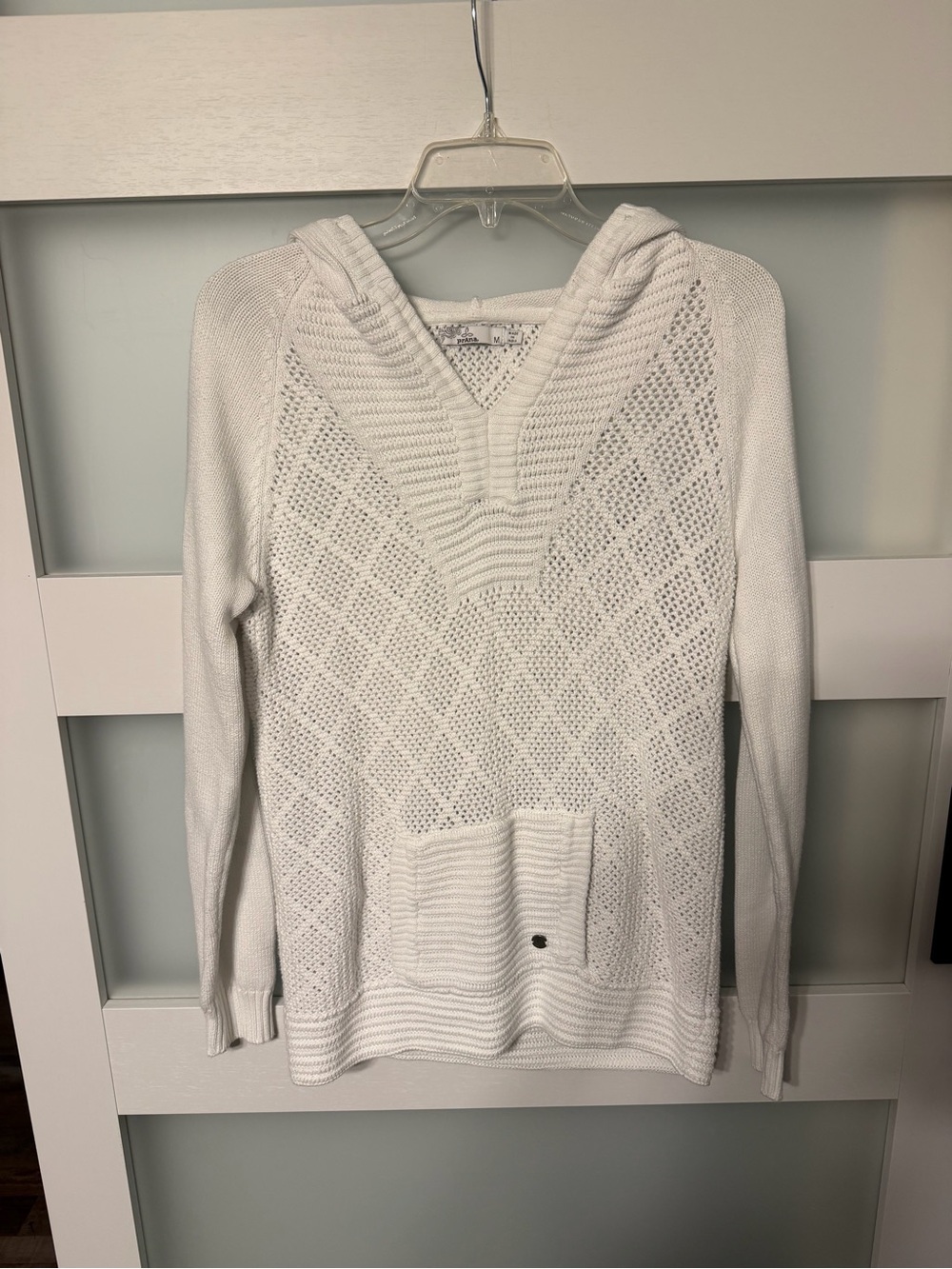 Prana White V-Neck Hooded Knit Sweater